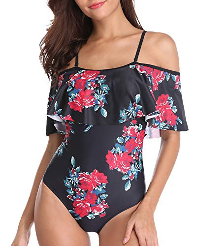 Tempt Me Women's Floral Off Shoulder One Piece Swimsuits Flounce Ruffle Bathing Suits XXL