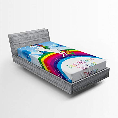 Ambesonne Fantasy Fitted Sheet, Unicorn Surreal Myth Creature Before Rainbow Clouds Star Fantasy Girls, Soft Decorative Fabric Bedding All-Round Elastic Pocket, Twin Size, Multicolor