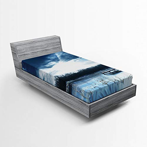 Ambesonne Winter Fitted Sheet, Landscape Scenery of Mountain Lake with a Frozen Bay Sunset, Soft Decorative Fabric Bedding All-Round Elastic Pocket, Twin Size, Slate Blue White and Purple Grey