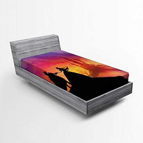Ambesonne Fantasy Fitted Sheet, Silhouette of Prince and Cartoon Castle House Tale Dream Girls Image, Soft Decorative Fabric Bedding All-Round Elastic Pocket, Twin Size, Multicolor