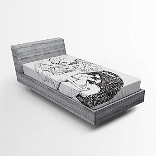 Ambesonne Book Fitted Sheet, Girl and Cat Reading Book on Desk Hand Drawn Cartoon Style with Inspirational Words, Bed Cover with All-Round Elastic Deep Pocket for Comfort, Twin Size, Black White