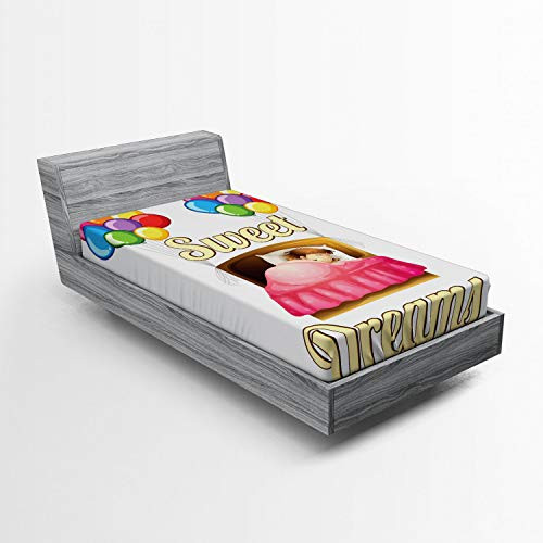 Ambesonne Sweet Dreams Fitted Sheet, Cartoon Girl Sleeping in Bed with Colorful Balloons Night Time Illustration, Soft Decorative Fabric Bedding All-Round Elastic Pocket, Twin Size, Multicolor