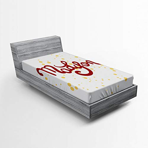 Ambesonne Madison Fitted Sheet, Modern Calligraphy Design Hand Drawn Cursive Letters Common Girl Name Pattern, Soft Decorative Fabric Bedding All-Round Elastic Pocket, Twin Size, Ruby and Mustard
