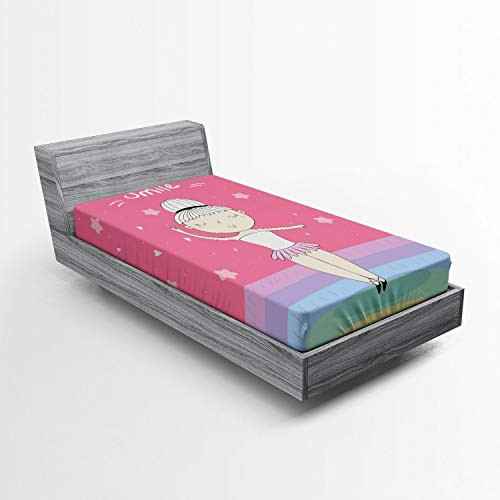 Ambesonne Retro Fitted Sheet, Hand Drawn Little Ballerina Girl Doing Pique Turns on a Rainbow Colored Stage, Soft Decorative Fabric Bedding All-Round Elastic Pocket, Twin Size, Multicolor