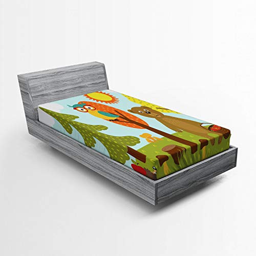 Ambesonne Nursery Fitted Sheet, Cheerful Childish Animals in The Sunny Forest with Mushrooms and Trees Composition, Soft Decorative Fabric Bedding All-Round Elastic Pocket, Twin Size, Multicolor