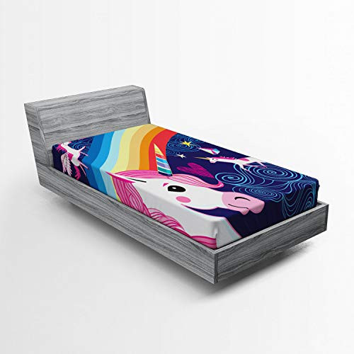Ambesonne Unicorn Fitted Sheet, Colorful Arrangement of Mythical Animals in The Sky with Rainbows Girly Design, Soft Decorative Fabric Bedding All-Round Elastic Pocket, Twin Size, Multicolor