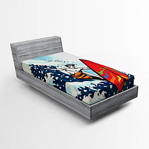 Ambesonne Surf Fitted Sheet, Summer Themed Abstract Cartoon with Surfer Boy on Vintage Design Ocean Waves Print, Soft Decorative Fabric Bedding All-Round Elastic Pocket, Twin Size, Multicolor