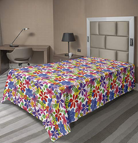Ambesonne Spring Flat Sheet, Childish Flourishing Blossoms Pattern Lilly Daisy Magnolia Summer Flourishes, Soft Comfortable Top Sheet Decorative Bedding 1 Piece, Twin Size, Multicolor