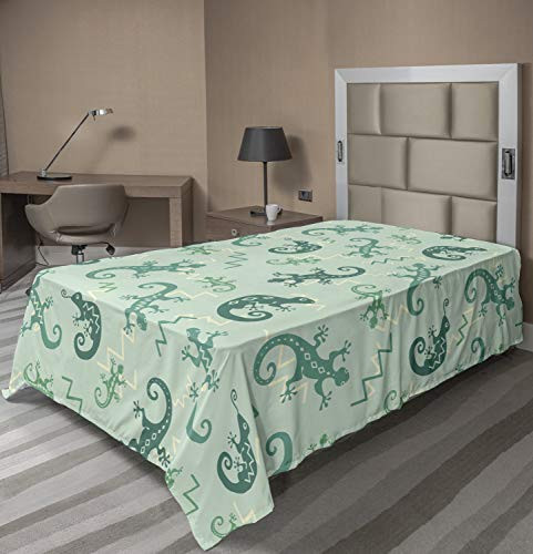 Ambesonne Reptile Flat Sheet, Exotic Lizards Chameleons Leaping Illustration Nature Reptiles, Soft Comfortable Top Sheet Decorative Bedding 1 Piece, Twin Size, Green Mint