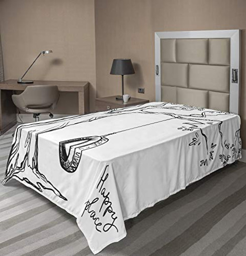 Ambesonne Tree Flat Sheet, Tree with a Tire Swing Illustration Happy Place Summer Childhood Holidays Garden, Soft Comfortable Top Sheet Decorative Bedding 1 Piece, Twin Size, Black White