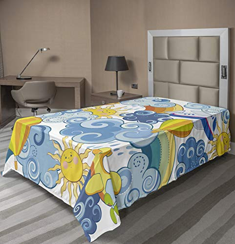 Ambesonne Sky Flat Sheet, Childrens Theme Clouds Smiling Sun Airplanes and Balloons Illustration Print, Soft Comfortable Top Sheet Decorative Bedding 1 Piece, Twin Size, Yellow and Pale Blue