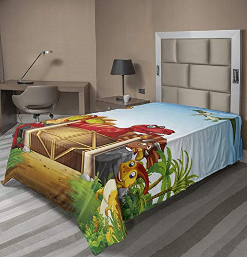 Ambesonne Dino Flat Sheet, Cartoon Style Dinosaurs in a Dino Park Jungle Trees Wildlife Habitat Illustration, Soft Comfortable Top Sheet Decorative Bedding 1 Piece, Twin Size, Multicolor