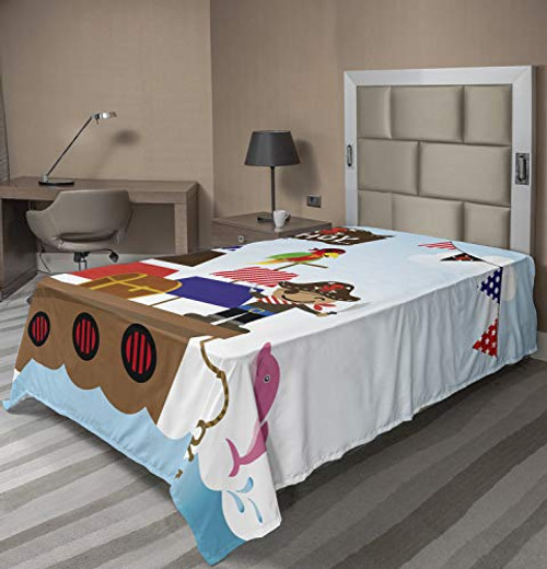 Ambesonne Ahoy Its a Boy Flat Sheet, Pirate Treasure Chest Ship on Ocean Background Illustration, Soft Comfortable Top Sheet Decorative Bedding 1 Piece, Twin Size, Multicolor Ambesonne Ahoy Its a Boy Flat Sheet, Pirate Treasure Chest Ship on Ocean Background Illustration, Soft Comfortable Top Sheet Decorative Bedding 1 Piece, Twin Size, Multicolor