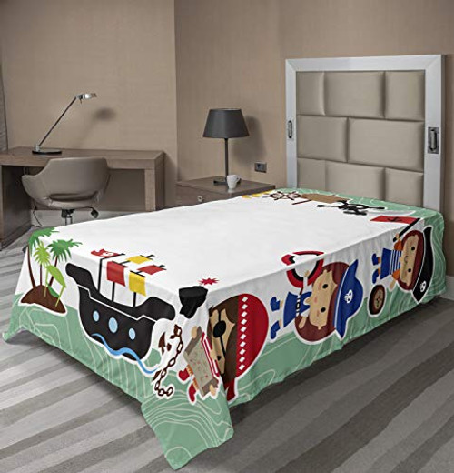Ambesonne Party Flat Sheet, Pirate Explorer in Cartoon Style Treasure Chest Ship Tropical Island, Soft Comfortable Top Sheet Decorative Bedding 1 Piece, Twin Size, Multicolor