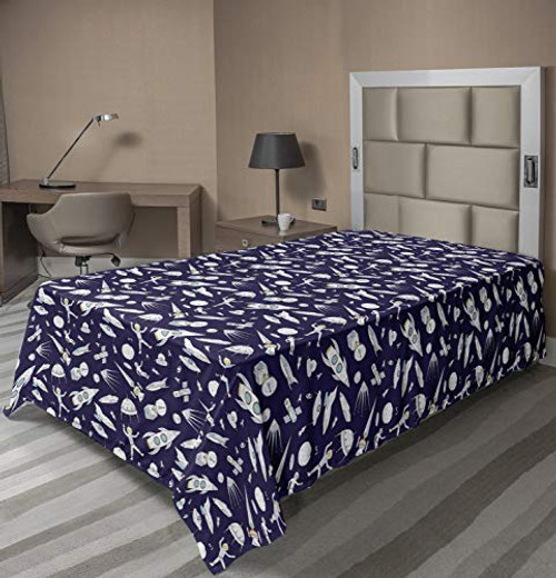 Ambesonne Space Flat Sheet, Planets Rockets Cosmonauts Shuttles UFO Cosmic Adventure Digital Theme, Soft Comfortable Top Sheet Decorative Bedding 1 Piece, Twin Size, Indigo White