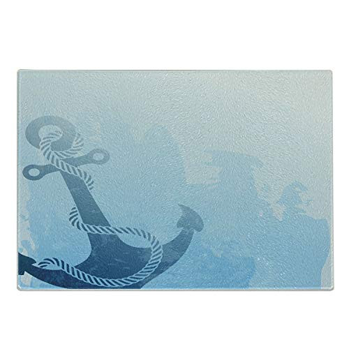 Ambesonne Nautical Cutting Board, Monochrome Anchor Illustration Deep Down in the Sea Bottom Be Strong and Stable, Decorative Tempered Glass Cutting and Serving Board, Small Size, Pale Blue