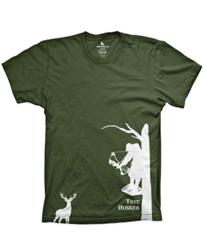 Guerrilla Tees Tree Hugger Funny Hunting Tshirts Graphic Tree Stand Deer Hunting Shirt, Military Green, Large