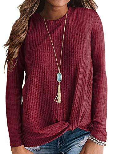 Neineiwu Womens Waffle Knit Tunic Blouse Twist Knot Tops Loose Fitting Plain Shirts -XX-Large,Red-