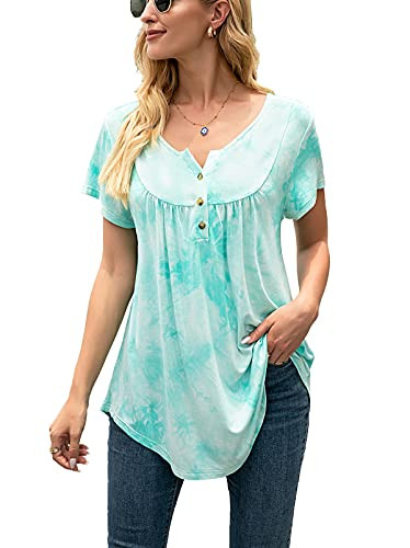AMCLOS Womens Tops V Neck Soft T-Shirts Flowy Tunic Button up Casual Blouses Short Sleeve Summer-Tie-Dye-03, M-