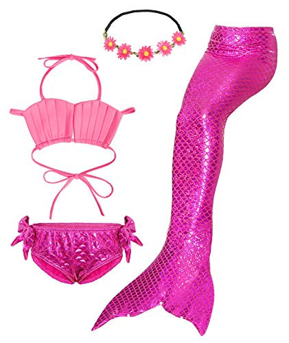 MetCuento 4 Pcs Girls Swimsuit Mermaid Tails for Swimming Princess Bikini Bathing Suit Set Princess Costume Swimwear Birthday Gift Headband 5-6 Years