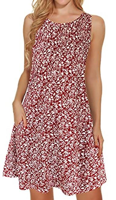 Red Dresses for Women Summer Beach Sleeveless Sundress Pockets Swing Casual Loose Tshirt Dress-Red Floral,XL-