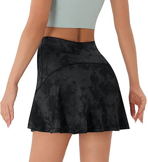 PERSIT Womens Tennis Golf Skirts Athletic Pleated High Waisted Skorts with Pockets for Workout Sports Running - Grey Tie Dye - XL