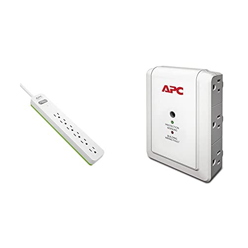 Surge Protector Power Strip, APC PE66W, 1080 Joule, Flat Plug, 6 Outlet Power Cord Strip White/Green  and  Wall Outlet Multi Plug Extender, P6W, -6- AC Multi Plug Outlet, 1080 Joule Surge Protector White