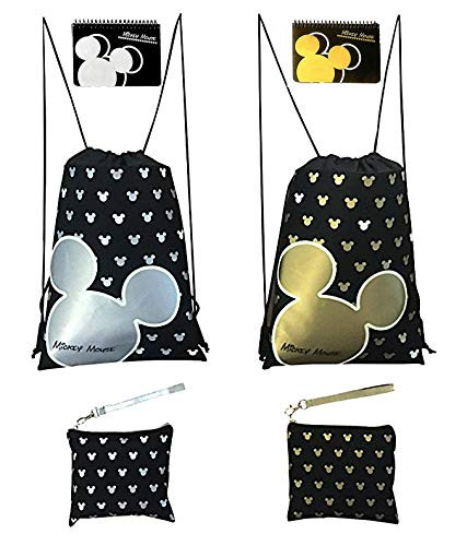 Disney Mickey Mouse Glow in the Dark Drawstring Backpack Plus Autograph Book with Purse - 2 Set of Silver  and  Gold -Big Head Autograph Book-
