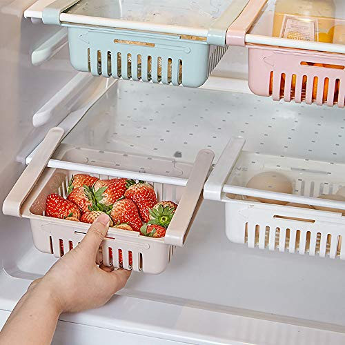 Fridge Drawer Organizer, 4 Pack Retractable Drawer Refrigerator Storage Box, Unique Design Pull Out Bins, Fridge Shelf Holder Storage Box, Small Size, Fit for Fridge Shelf Under 0.5 inch