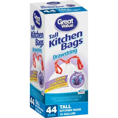 Great Value 13 Gallon Drawstring Tall Kitchen Bags, 44 count