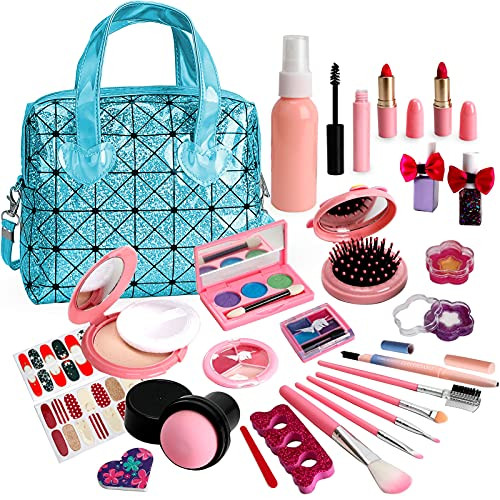 Kids Makeup Kit for Girls - Real Makeup Set for Little Girls, Non Toxic, Washable Makeup Kits Toys, Play Girls Makeup Kit for Kids With Blue Bag - Birthday for Ages 5, 6, 7, 8, 9, 10 Year Old Children