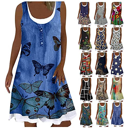 Lovor Summer Dresses for Women Beach Printed Mini Dress Floral Sundress Sleeveless Casual Boho Tank Midi Dresses-A Black,XXL-