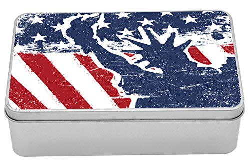 Lunarable American Flag Metal Box, Liberty Silhouette on Flag Display Independence Martial Grunge Retro, Multi-Purpose Rectangular Tin Box Container with Lid, 7.2" X 4.7" X 2.2", Blue Red