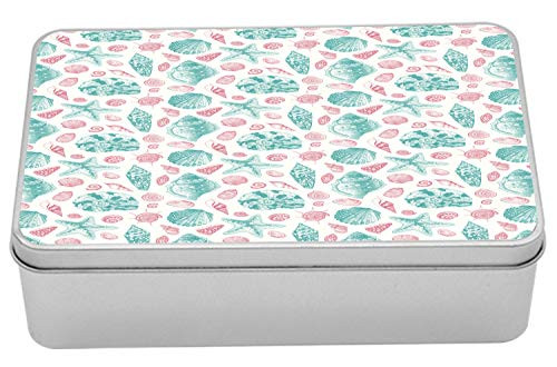 Lunarable Underwater Tin Box, Various Kinds of Seashells Aquarium Vintage Animals Aquatic Life, Portable Rectangle Metal Organizer Storage Box with Lid, 7.2" X 4.7" X 2.2", Mint Green Coral Cream