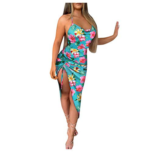 Sexy Sling Dress for Women, Fashion Spaghetti Straps Floral Print Halter High Slit Midi Dresses Light Blue Sexy Sling Dress for Women, Fashion Spaghetti Straps Floral Print Halter High Slit Midi Dresses Light Blue