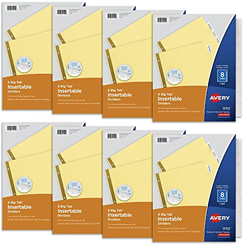 Avery 8 Tab Binder Dividers, Insertable Clear Big Tabs, 1 Set Pack, 8 Packs, 8 Sets Total -11112-