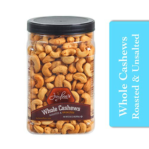 Jaybee's Unsalted Cashews Extra Large - Freshly Roasted - Great Healthy Snacks or Gift Giving- Reusable Container - Certified Kosher - Vegan  and  Keto Friendly Superfood Snack -32 Ounces-