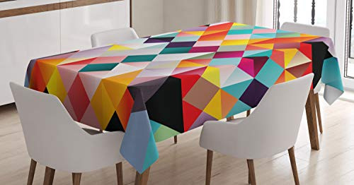 Ambesonne Psychedelic Tablecloth, Retro Technology Abstract Geometric Pattern Nineties Design Pixel Art Print, Rectangular Table Cover for Dining Room Kitchen Decor, 60" X 84", Red Blue