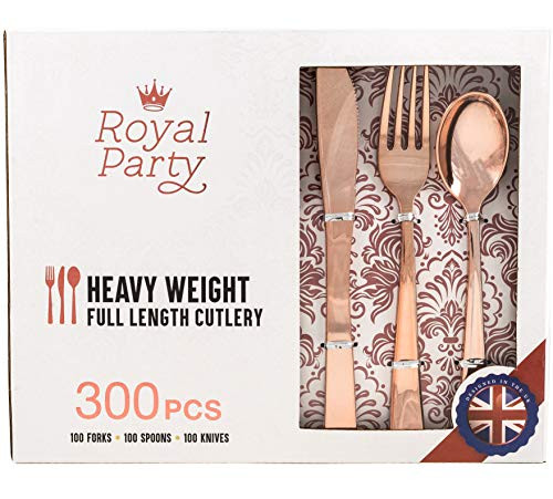 300 Pieces Premium Rose Gold Plastic Silverware from Royal Party | Disposable Heavyweight Plastic Cutlery | Full Length Flatware Set - Includes 100 Forks, 100 Spoons, 100 Knives.
