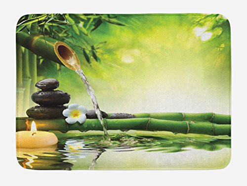 Ambesonne Spa Bath Mat, Meditation and Picture of Bamboo Stalks Candle and Basalt Stones Theraphy Relaxing, Plush Bathroom Decor Mat with Non Slip Backing, 29.5" X 17.5", Green Yellow