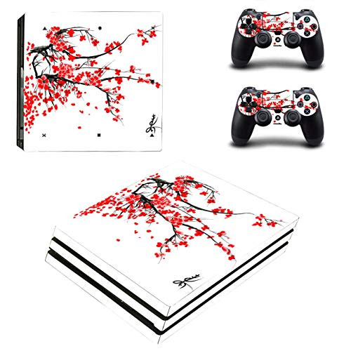 PS4 Pro Skin for Console and Controllers by ZOOMHITSKINS, Same Decal Quality for Cars, Japanese Cherry Blossom Red Leave Sakura Leaf Flower, High Quality, Durable, Bubble-free, Goo-free, Made in USA