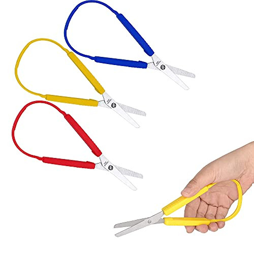 Loop Scissors for Teens And Adults 8 Inches Colorful Looped, Adaptive Design, Right and Lefty Support, Small, Easy-Open Squeeze Handles -3-Packs-