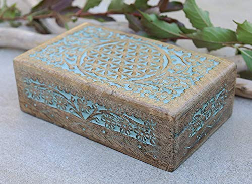 Hand Carved Jewelry Trinket Keepsake Wooden Storage Box -Turquoise, Large-