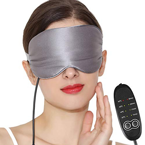 Heated Silk Eye Mask with Reusable Ice Gels, Hot  and  Cold Compress Therapy for Relief Eye Puffiness, Dry Eye, Styes, Tired Eyes, Sleeping - USB Steam Blindfold with Time  and  Temperature Control -Gray-