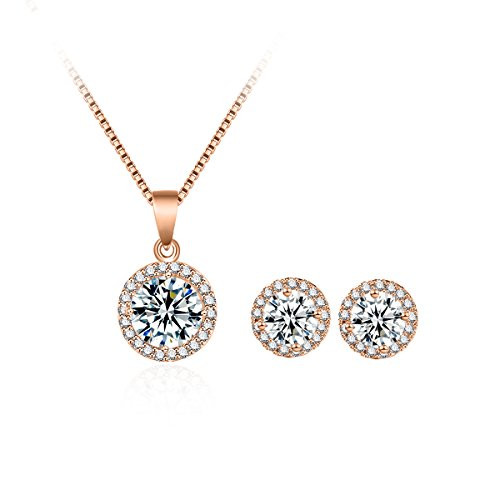 Halo CZ Jewelry Set - 18K Rose and White Gold Plated Round Cubic Zirconia Stud Earrings and Pendant Necklace Set