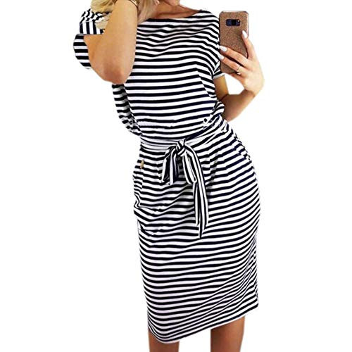 PALINDA Women's Striped Elegant Short Sleeve Wear to Work Casual Pencil Dress with Belt -XL, Black-