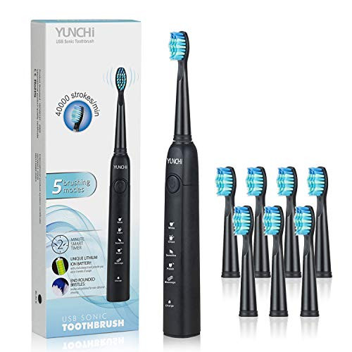 YUNCHI Ultrasonic Electric Toothbrush Smart Timer 5 Modes Rechargeable Waterproof Sonic Oral Care Toothbrushes with 8 Replacement Heads for Adults - Black