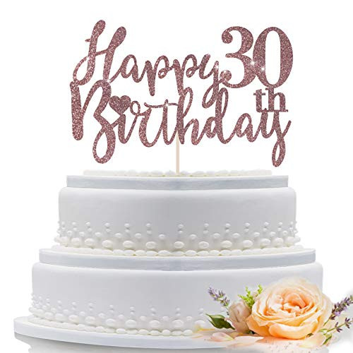 Rose Gold Happy Birthday 30th Cake Topper for 30th Birthday Party Decorations Supplies, Glittery Rose Gold Cake Decoration