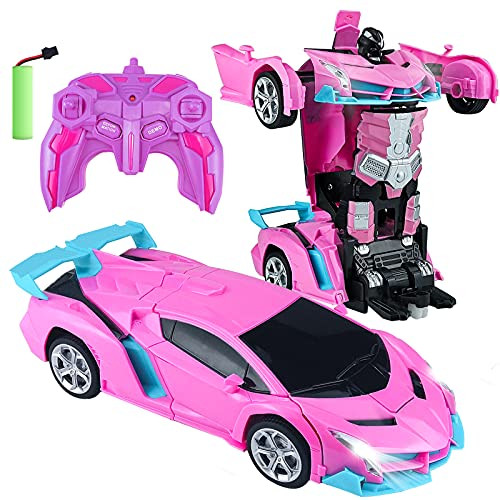Remote Control Car Transforming Robot Rc Car for Kids, 2.4GHz 1:18 Scale Transform Car Vehicle with One Button Deformation  and  360Rotating Drifting, Rc Cars Robot Toy for Boys Girls, Pink