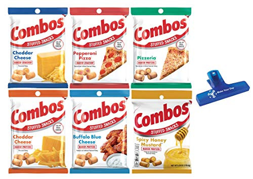 COMBOS Cheddar Cheese Cracker, Pepperoni Pizza, Pizzeria, Cheddar Cheese Pretzel, Buffalo Blue Cheese, and Spicy Honey Mustard, 6.3 Ounce -Pack of 6- - Packed in Make Your Day Box with Bag Clip